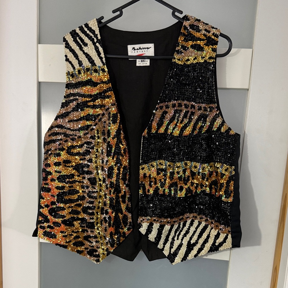 Vintage Beaded & Sequin Animal Print Vest | Mixed Zebra & Leopard Motif